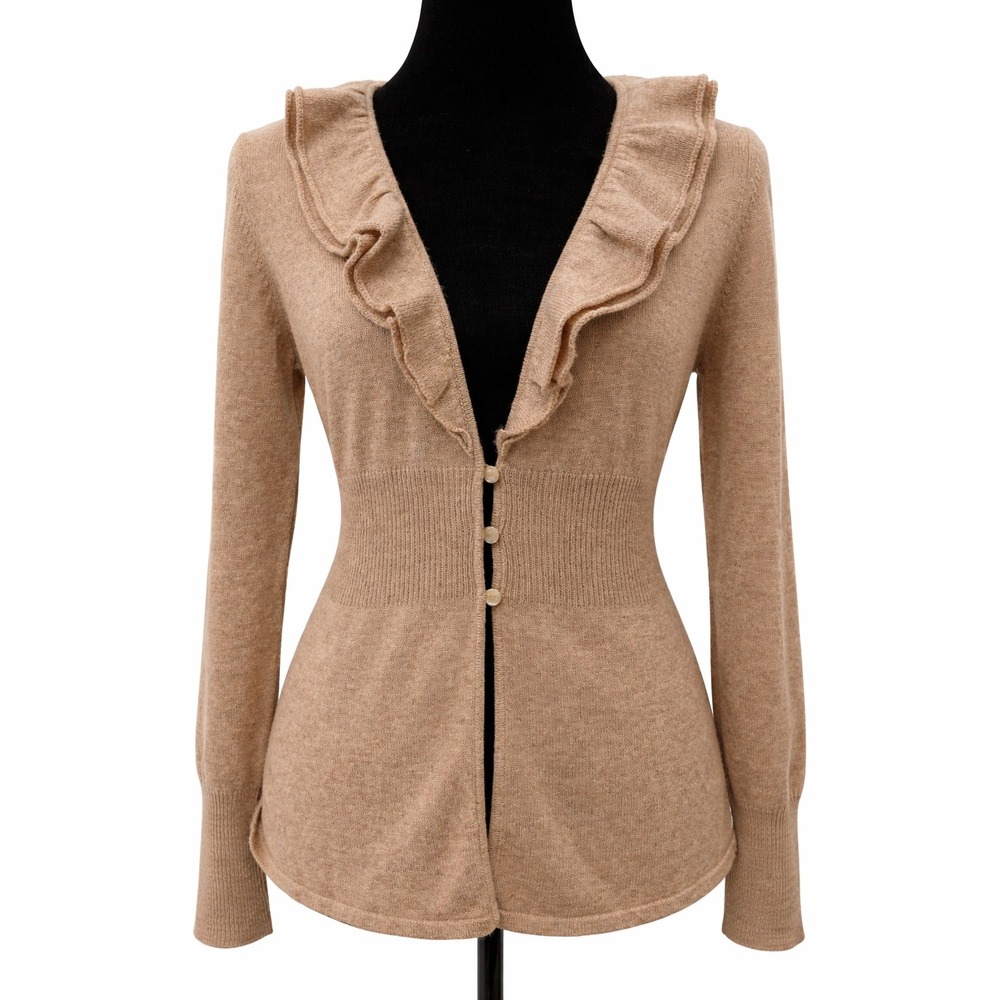 Avellini Womens Ruffled V-Neck Cardigan Sweater Large Beige Heathered Cashmere‎